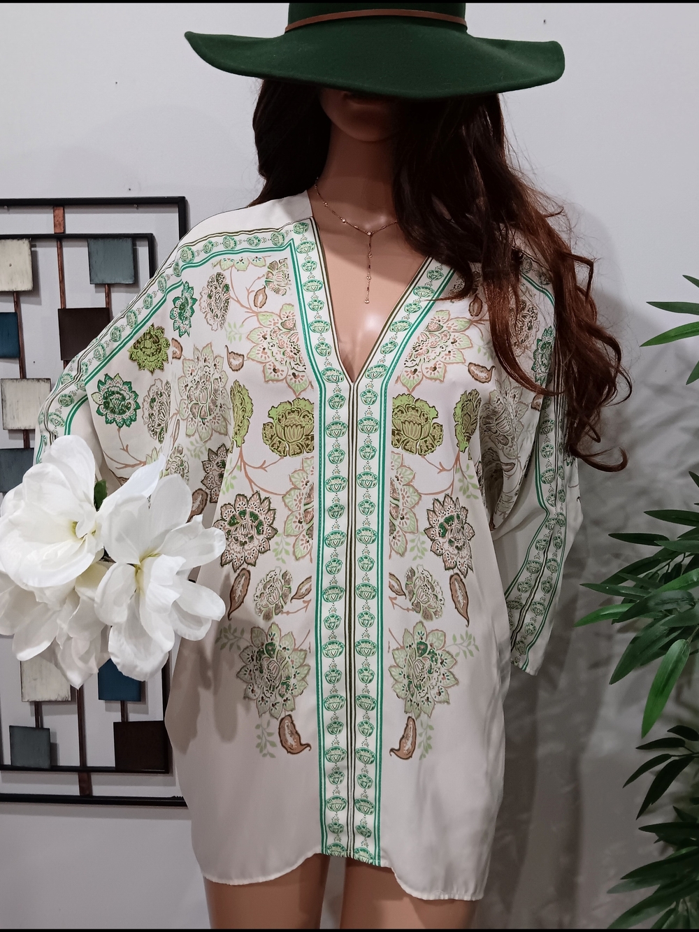Rose & Olive Cream Blouse with Green Floral Trim & Print